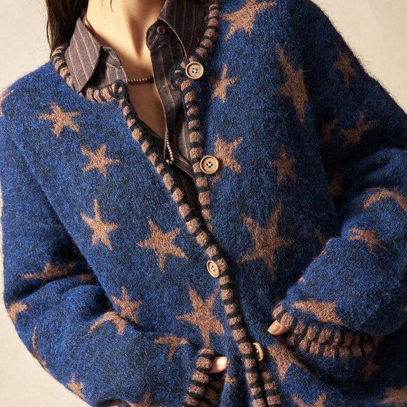 Blue Boho Style Women's Star Jacquard Knit Cardigan - Picture 5 of 6